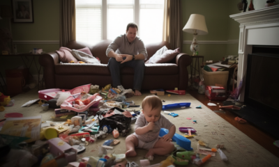 An image of a father holding a crying baby with a concerned look on his face, symbolizing the potential challenges and drawbacks of Daddy daycare.