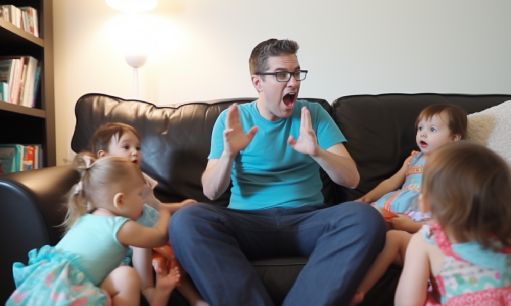 An image of a man playing with a group of children in a daycare setting, with toys and books scattered around them.