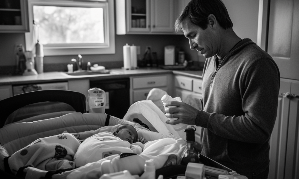 An image for "How to prepare for Daddy daycare?" could potentially feature a male caregiver or father with a young child or baby. The alt text for this image could be "A smiling dad holds his baby while surrounded by various childcare items such as diapers, toys, and bottles."