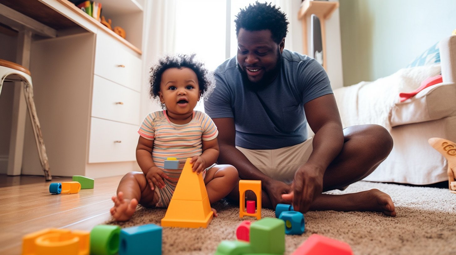 A group of fathers gathered in a brightly lit playroom, surrounded by toys and children of various ages. Some fathers are chatting while others are engaged in play with the kids. It's a scene of joy and bonding as fathers take on the role of caregiver for their children.